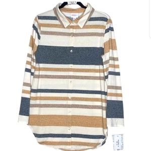 Lularoe Valentina Black and Tan Striped Button Up Long Sleeve Top (Large)